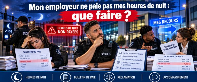 Mon employeur ne paie pas mes heures de nuit : que faire ? Agents de sécurité face à un bulletin de paie où les heures de nuit ne sont pas payées. Heures de nuit, bulletin de paie, réclamation, accompagnement.