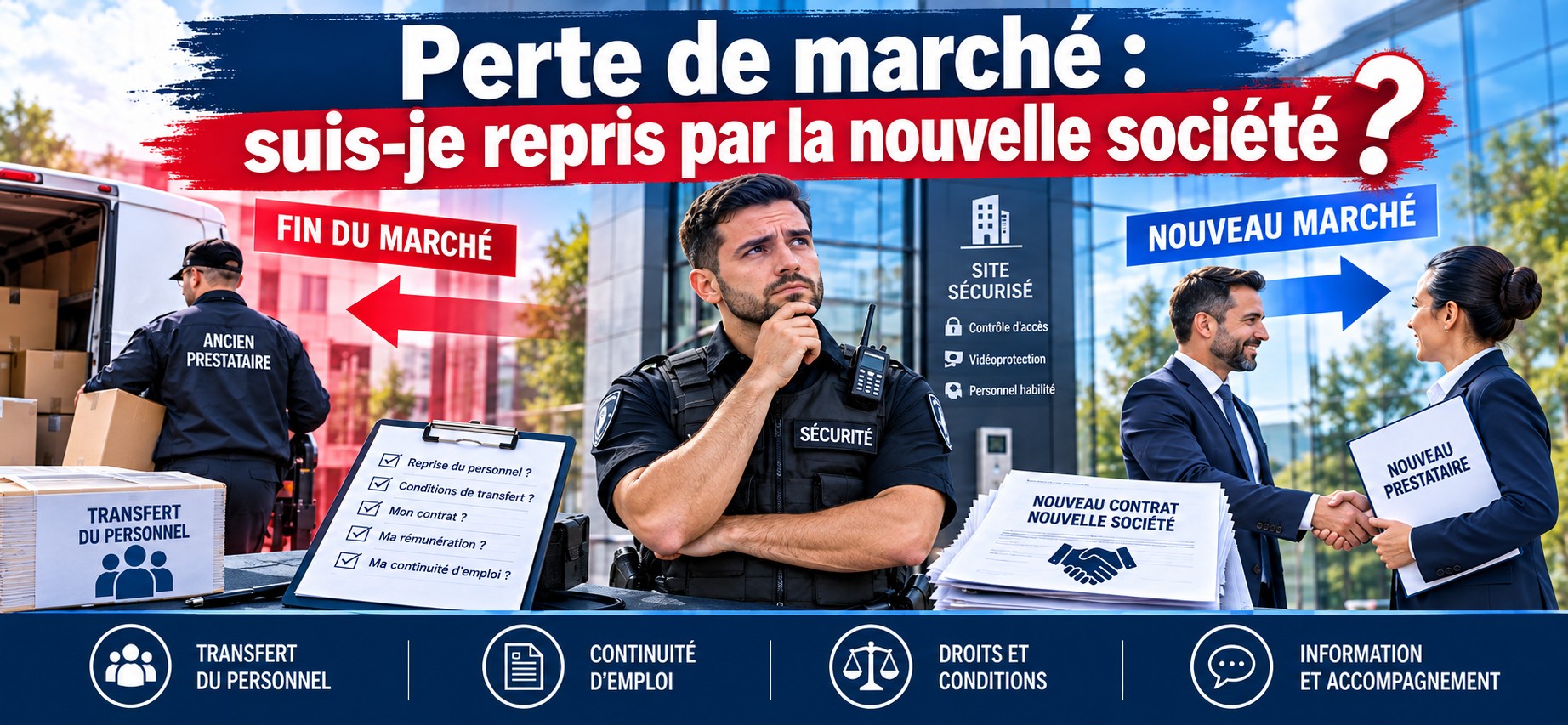 Perte de marché : un agent de sécurité se demande s'il sera repris par la nouvelle société. Transfert du personnel, continuité d'emploi, droits et conditions, information et accompagnement.