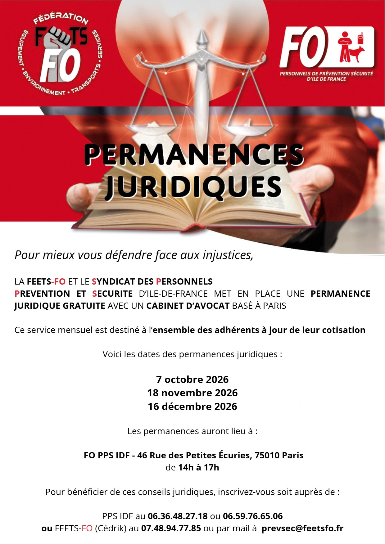 Affiche : permanences juridiques gratuites FO PPS IDF et FEETS-FO avec un cabinet d’avocat, les 7 octobre, 18 novembre et 16 décembre 2026, de 14h à 17h, 46 rue des Petites Écuries, Paris 10e.
