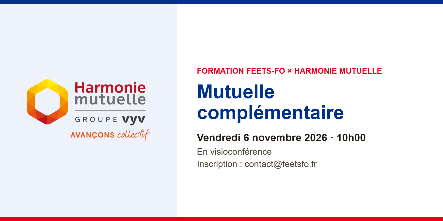 Formation FEETS-FO x Harmonie Mutuelle sur la mutuelle complémentaire, vendredi 6 novembre 2026 à 10h00 en visioconférence